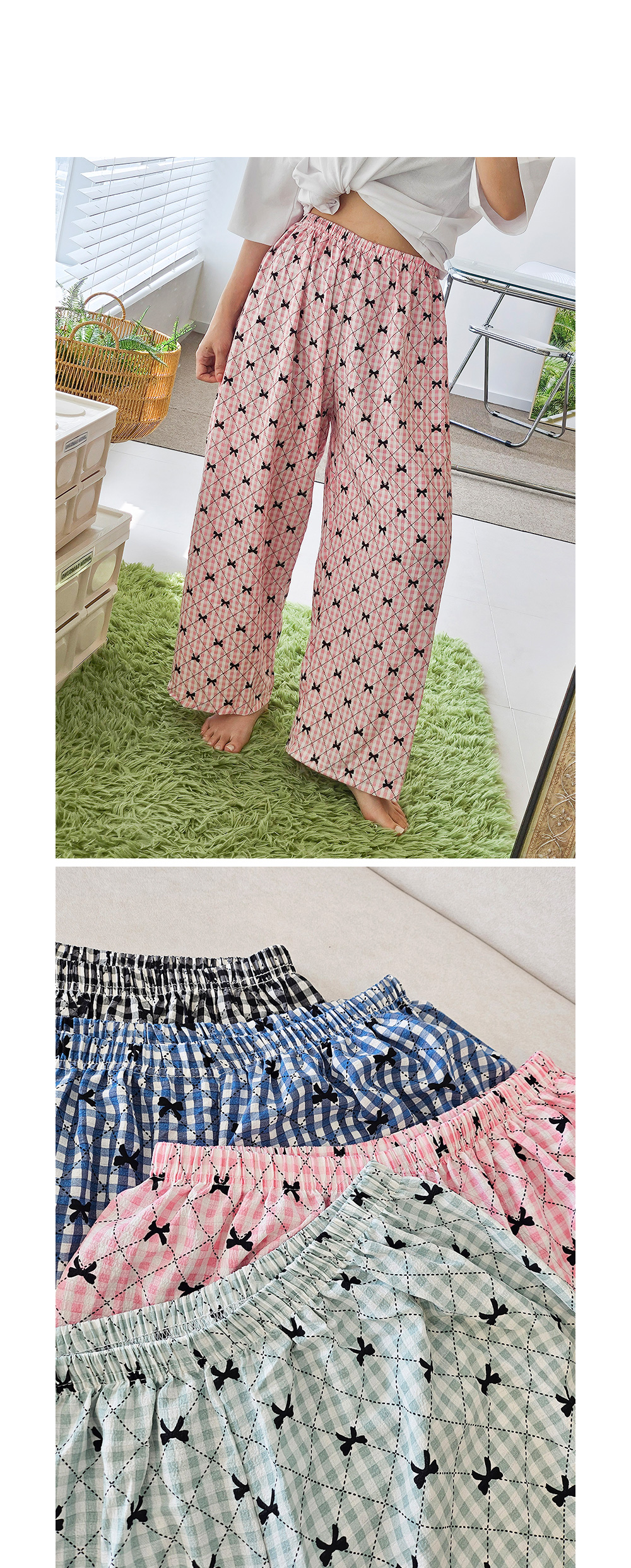 🎀4컬러/44-77까지🎀 여성 9부 체크 리본 와이드 파자마 바지 여자 가벼운 잠옷 홈웨어 상세 이미지 4