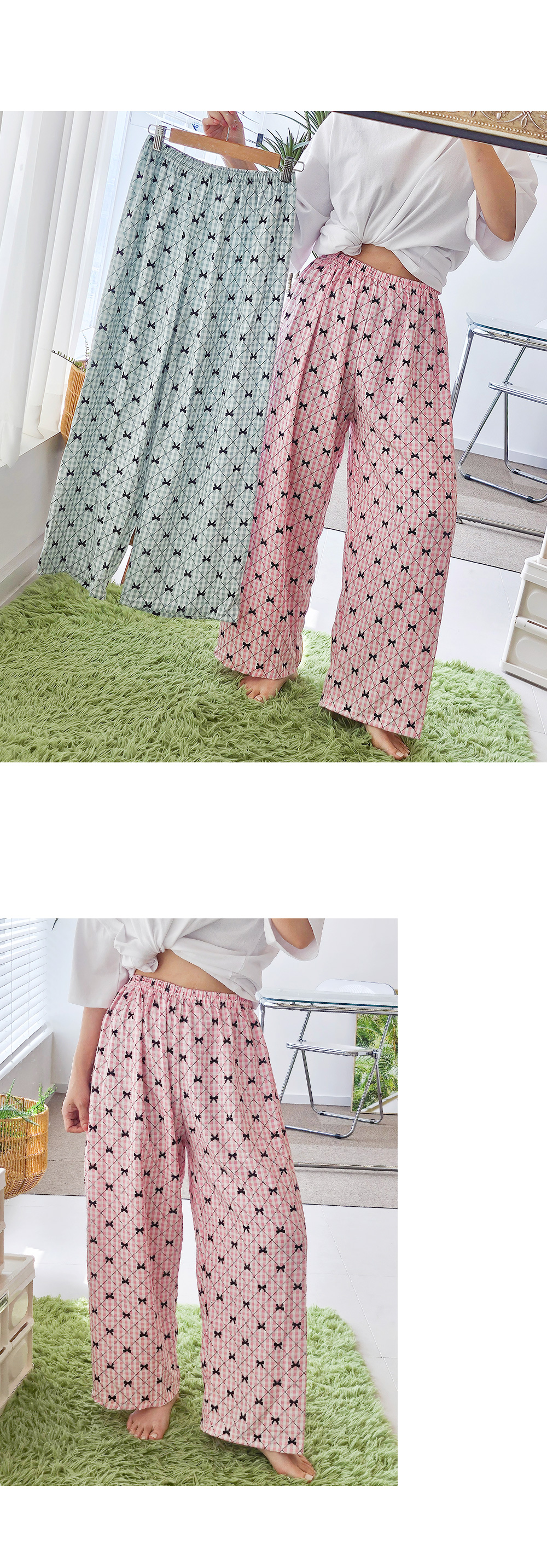 🎀4컬러/44-77까지🎀 여성 9부 체크 리본 와이드 파자마 바지 여자 가벼운 잠옷 홈웨어 상세 이미지 6
