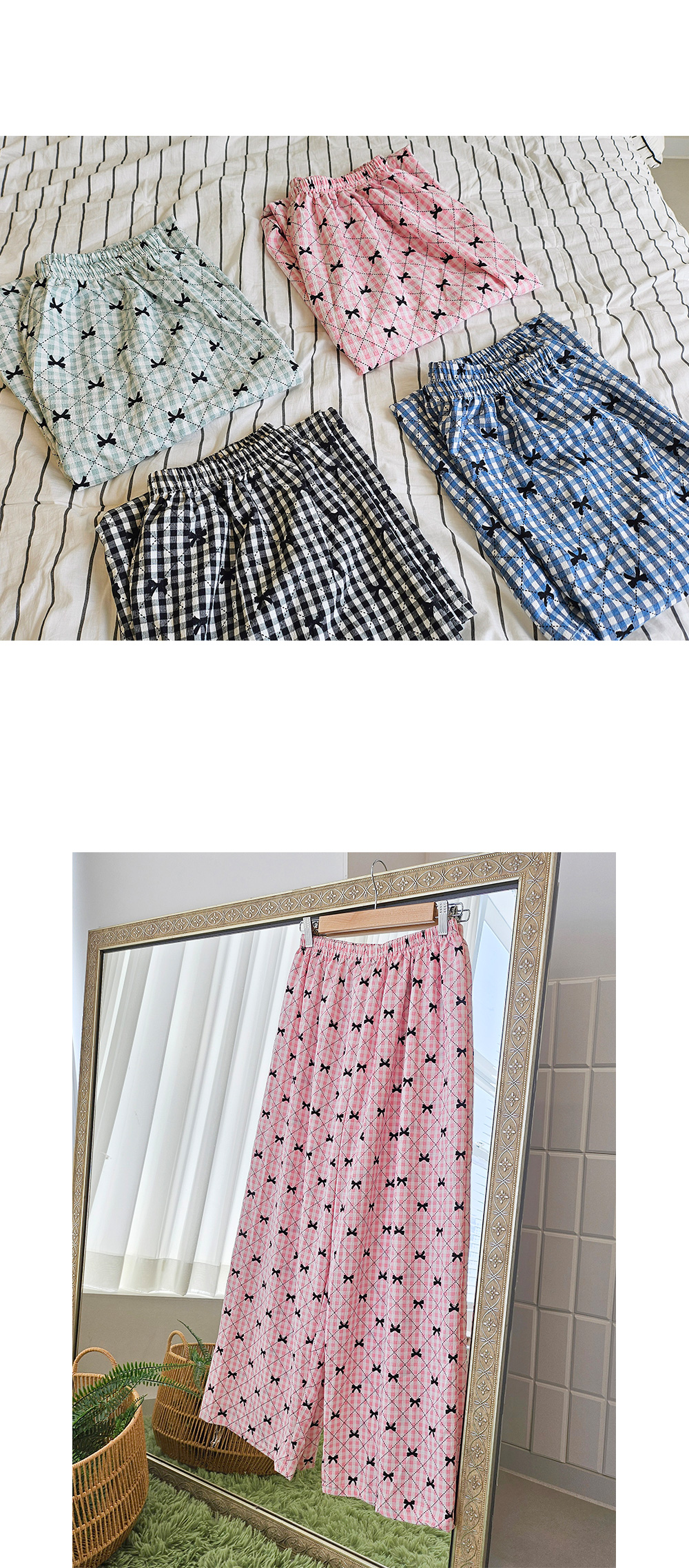 🎀4컬러/44-77까지🎀 여성 9부 체크 리본 와이드 파자마 바지 여자 가벼운 잠옷 홈웨어 상세 이미지 7
