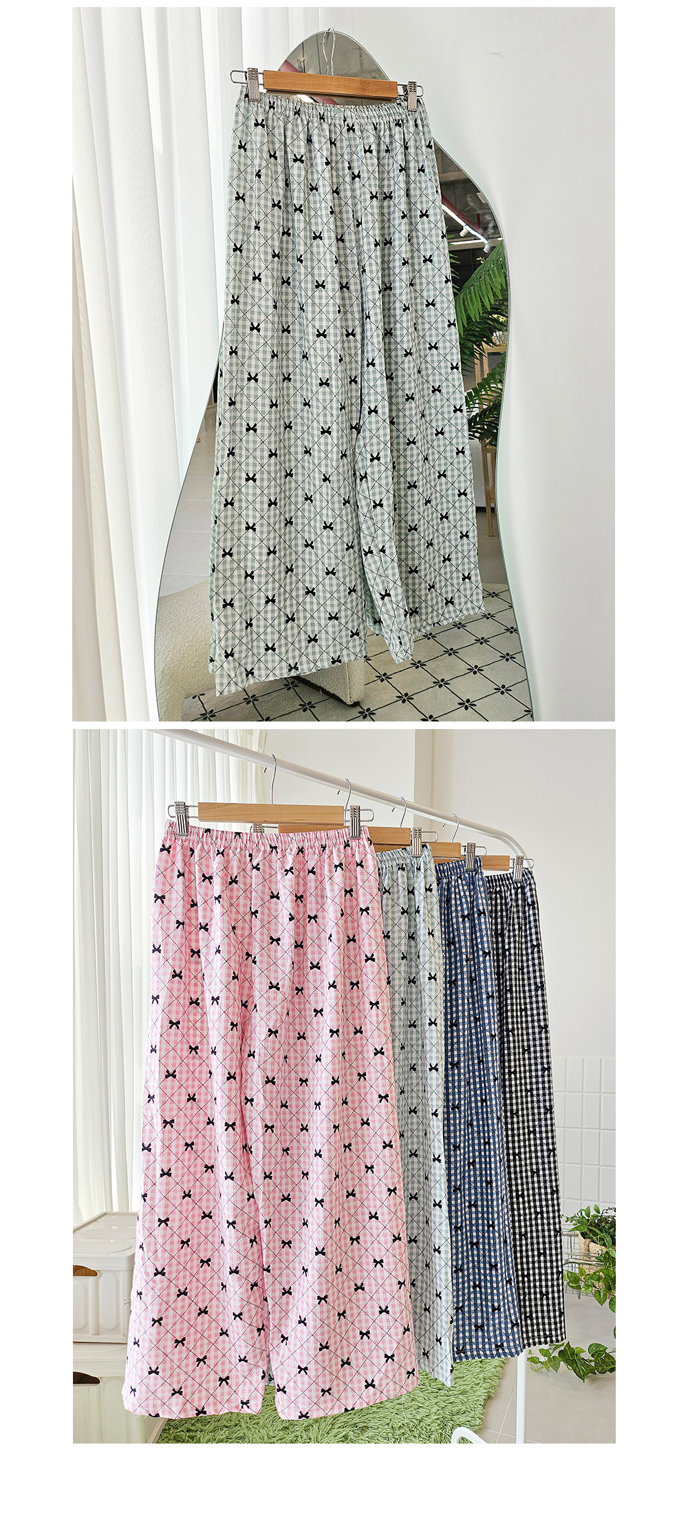 🎀4컬러/44-77까지🎀 여성 9부 체크 리본 와이드 파자마 바지 여자 가벼운 잠옷 홈웨어 상세 이미지 8