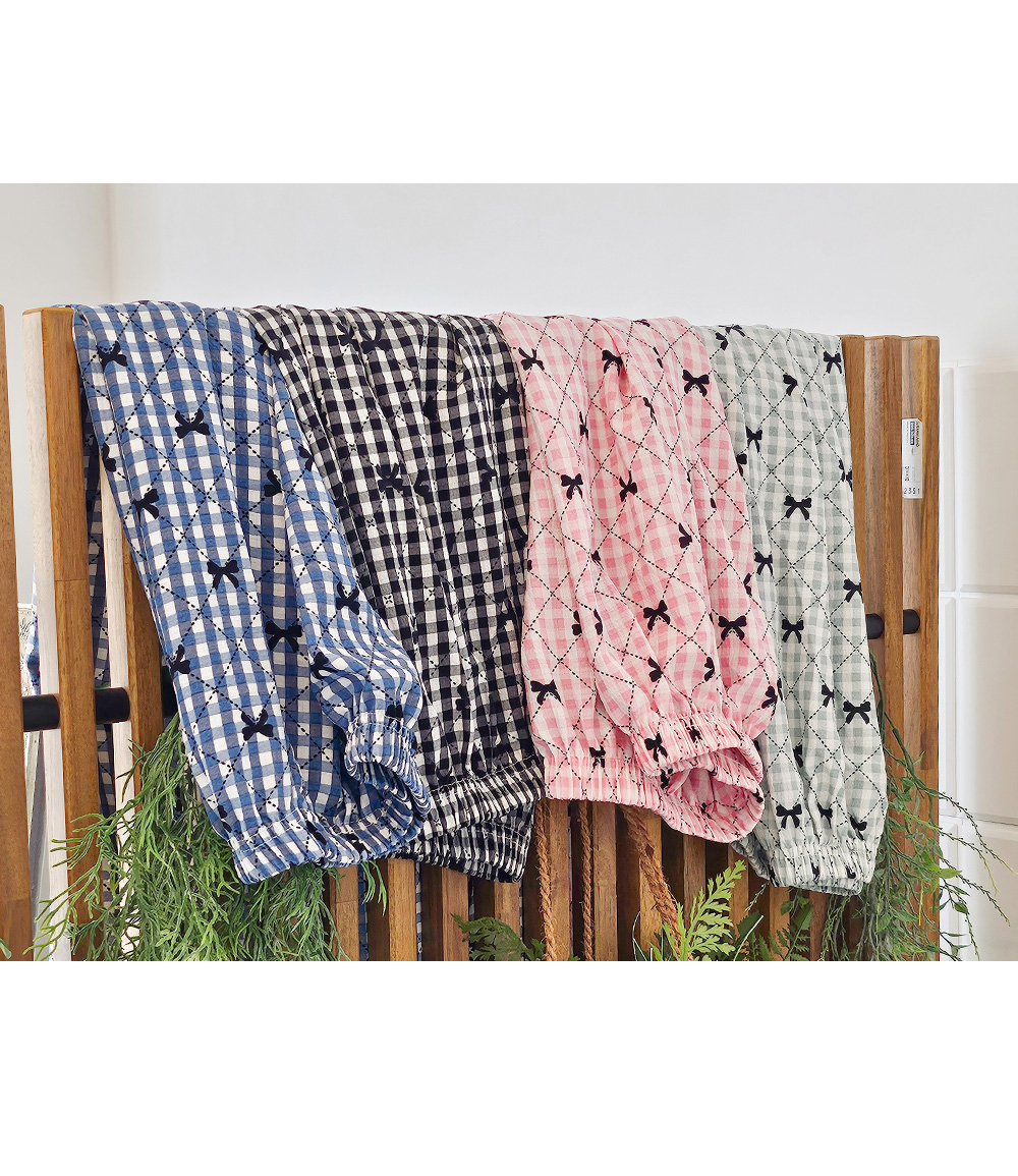 🎀4컬러/44-77까지🎀 여성 9부 체크 리본 와이드 파자마 바지 여자 가벼운 잠옷 홈웨어 상세 이미지 9