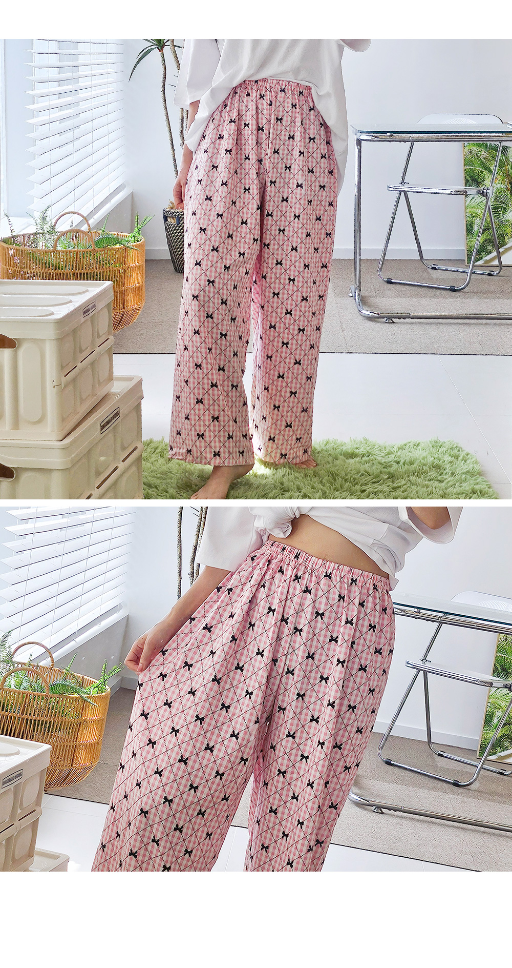 🎀4컬러/44-77까지🎀 여성 9부 체크 리본 와이드 파자마 바지 여자 가벼운 잠옷 홈웨어 상세 이미지 11