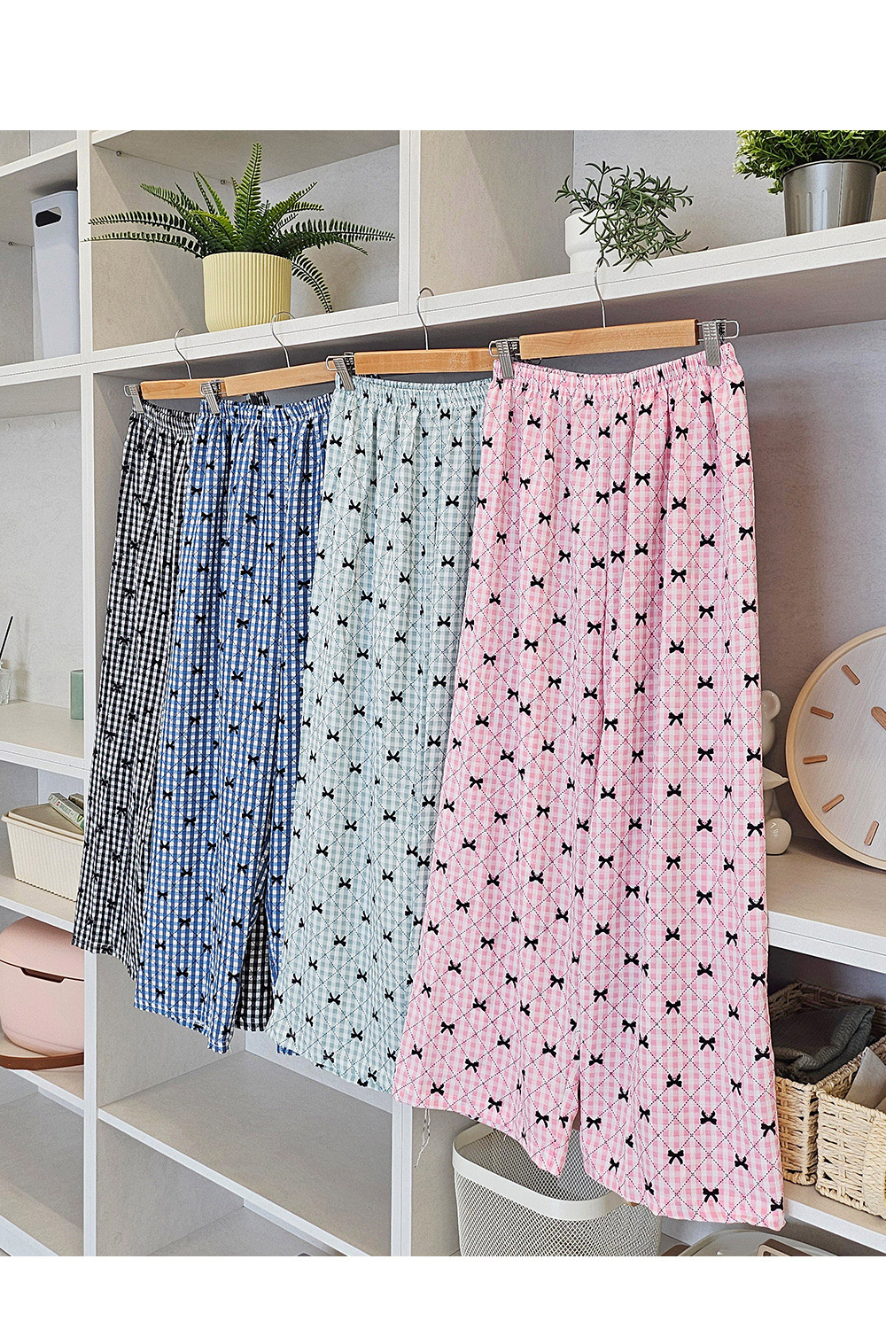 🎀4컬러/44-77까지🎀 여성 9부 체크 리본 와이드 파자마 바지 여자 가벼운 잠옷 홈웨어 상세 이미지 12